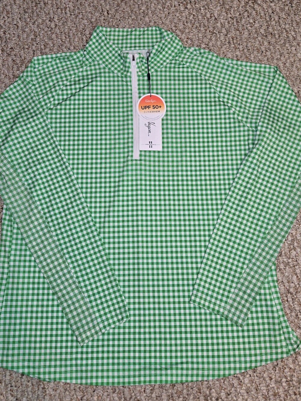 NWT Walter Hagen UV Protection Quarter Zip Green/Wht Fusion Gingham Golf XS/XXL